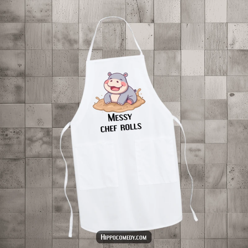 Funny Hippo Mud Apron, a joyful hippo playfully rolling in soft mud, perfect for kitchen messes.