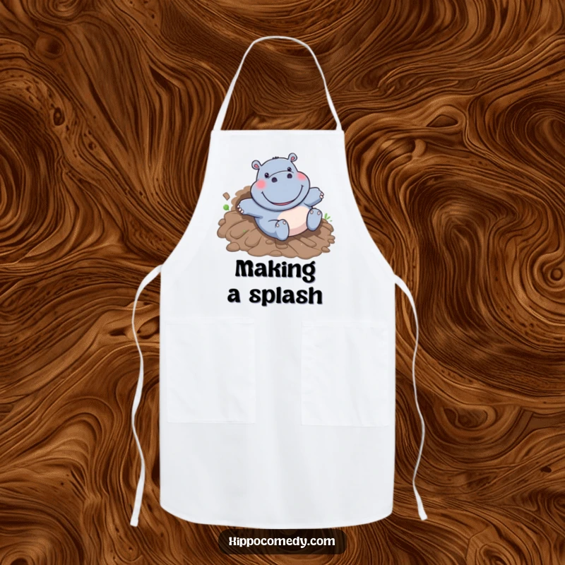 Funny Hippo Apron: A cartoon hippo with a wide grin slides down a muddy hill, symbolizing fun in the kitchen.