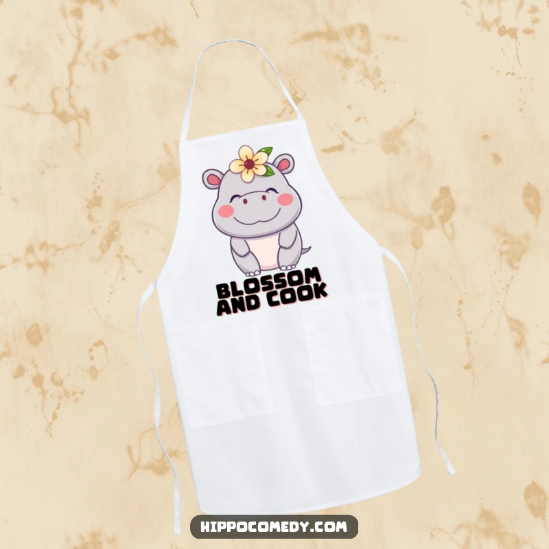 Funny Kawaii Hippo Apron depicting a happy hippopotamus with a flower, perfect for a joyful cooking experience.