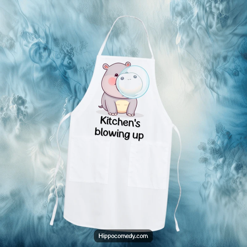Funny kawaii hippopotamus blowing a large bubble from its mouth, on a practical and cute kitchen apron.