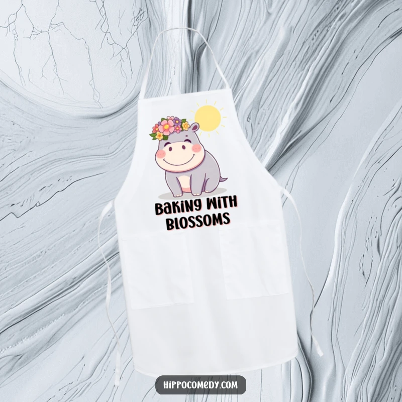 Funny kawaii hippopotamus in a flower crown, giggling in the sun, on a kitchen apron, bringing funny vibes to cooking.