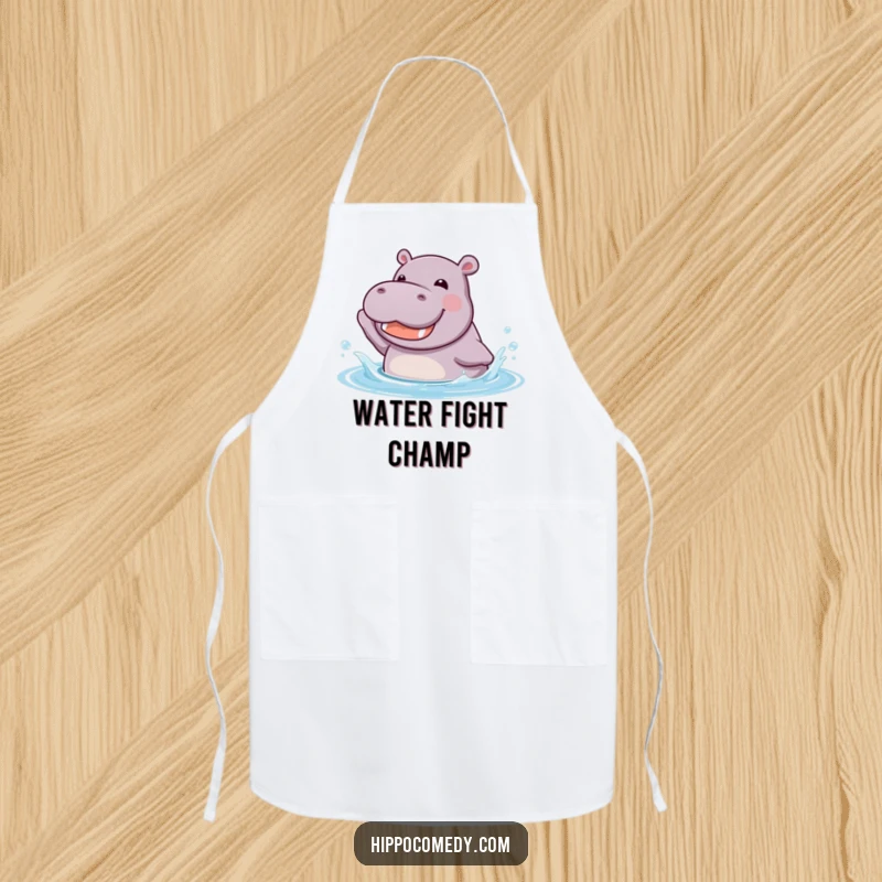 Funny kawaii hippopotamus joyfully splashing in cool water with a happy grin, on a practical and cute kitchen apron.