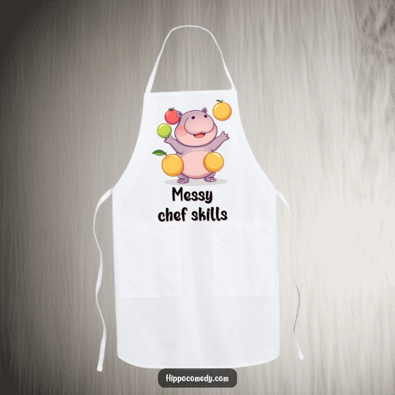 Funny kawaii hippopotamus comically juggling three round fruits on a kitchen apron, adding humor to cooking, ideal for a funny gift.