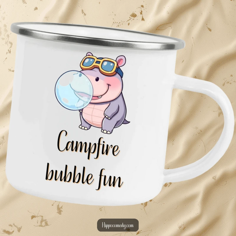 Funny camping mug of a kawaii hippopotamus wearing oversized goggles, blowing a large bubble on an outdoor adventure.