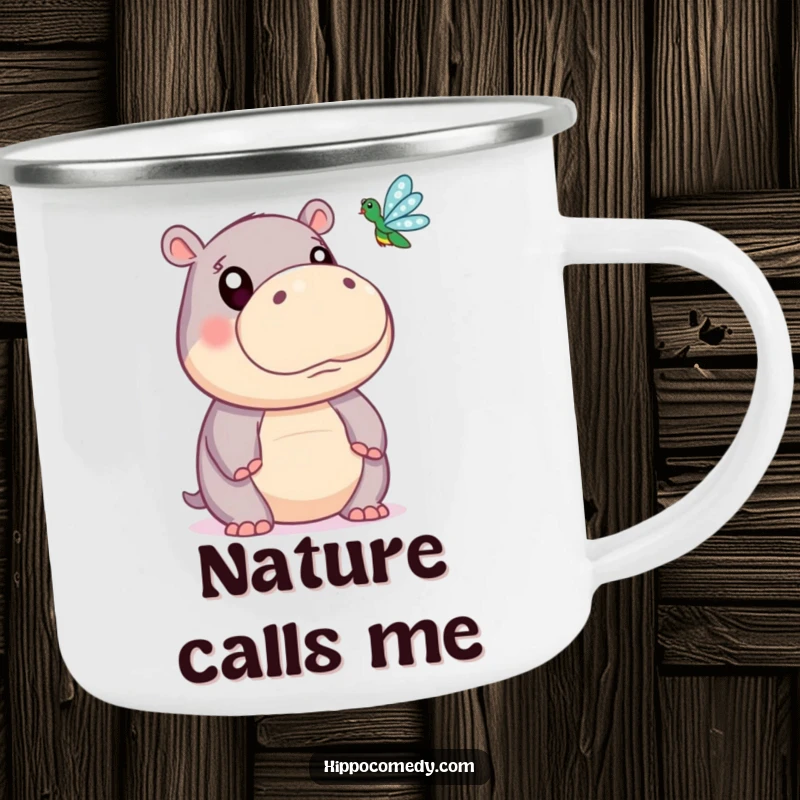 Funny camping mug showing a cute hippopotamus with wide eyes captivated by a dragonfly, ideal for outdoor enthusiasts who love humor.