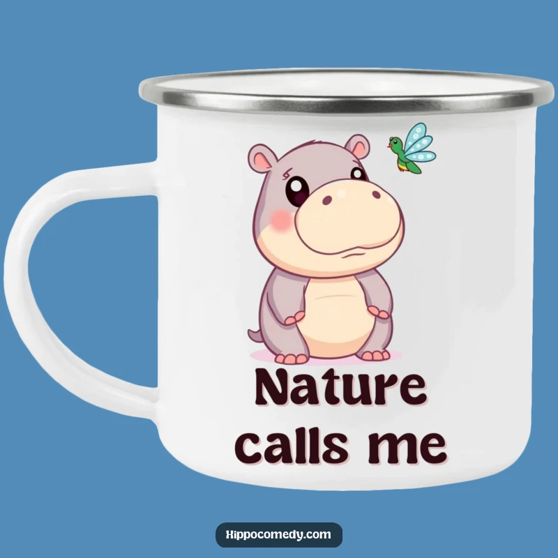 Funny Hippo Camping Mug: Cute Wide-Eyed Hippo Dragonfly Adventure Cup