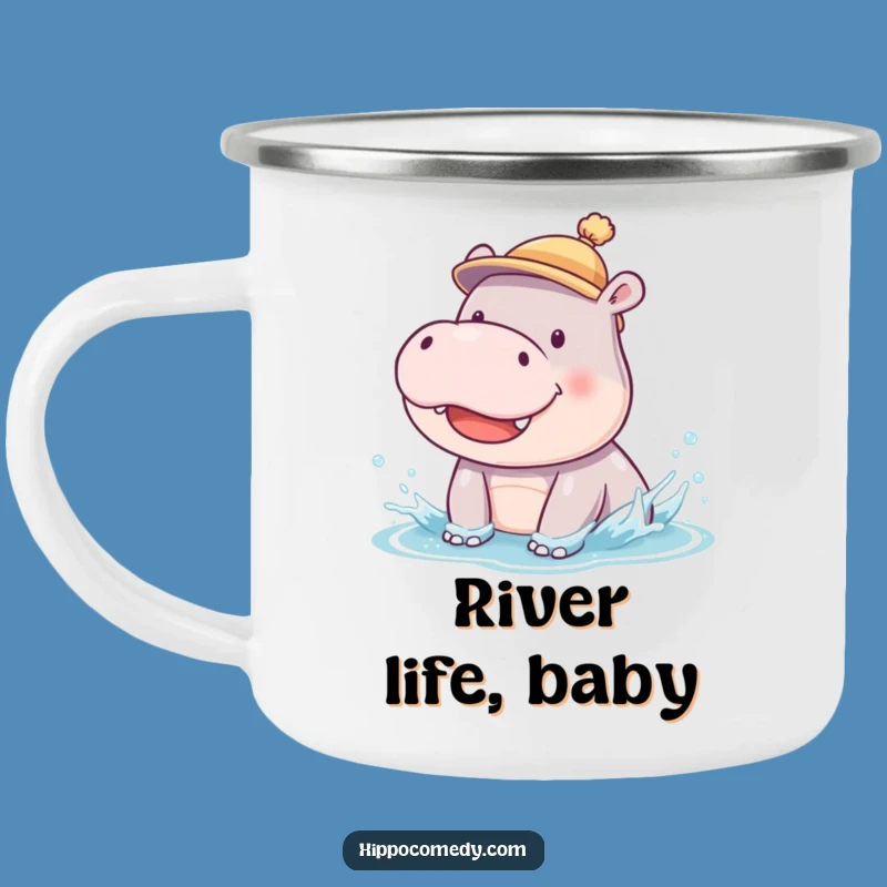 Funny Hippo Cub Camping Mug: Splashing Baby Hippo in Hat Cup