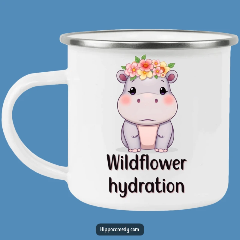 Funny Hippo Flower Crown Camping Mug: Delicate Humor for Outdoor Adventures
