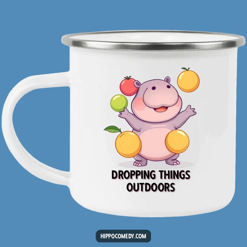 Funny Kawaii Hippo Juggling Fruits Camping Mug: Adventure Fuelled by Humor
