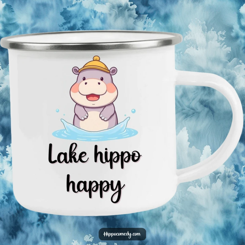 Funny camping mug of a kawaii hippopotamus in a small hat, joyfully splashing water on an outdoor adventure.
