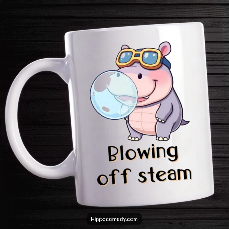Funny mug of a kawaii hippopotamus wearing oversized goggles, blowing a large, iridescent bubble with a focused, happy look.