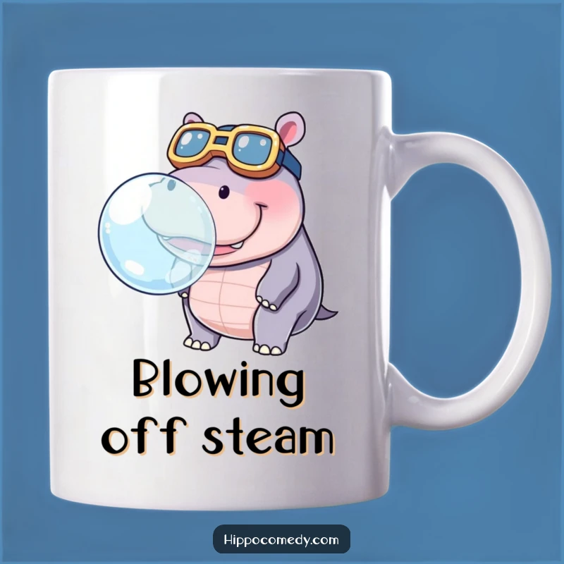 Start your day with fun! This funny mug features a kawaii hippo blowing a giant bubble, perfect for a whimsical morning.