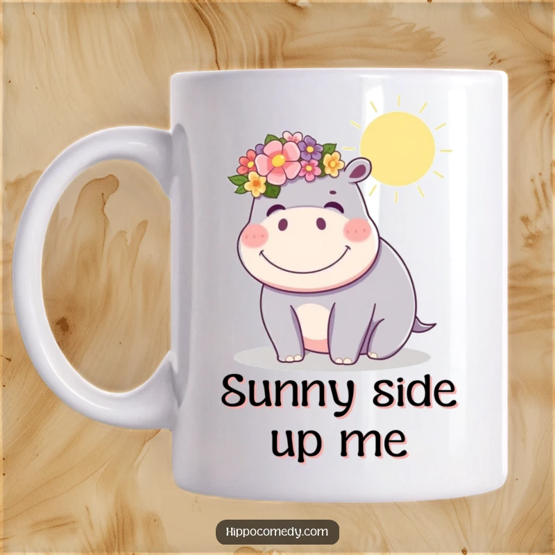 Funny kawaii hippopotamus wearing a flower crown and giggling in the sun on a mug, bringing cheerful humor, a great funny gift.