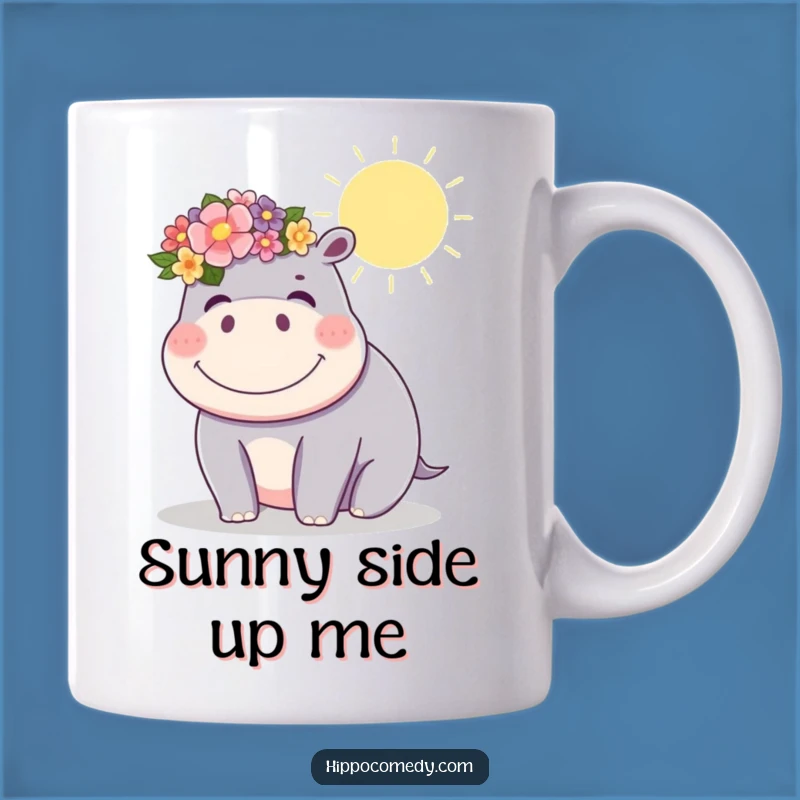 Start your day with a smile thanks to this funny kawaii hippopotamus giggling in the sun, adorned with a beautiful flower crown. A little sunshine in every sip.