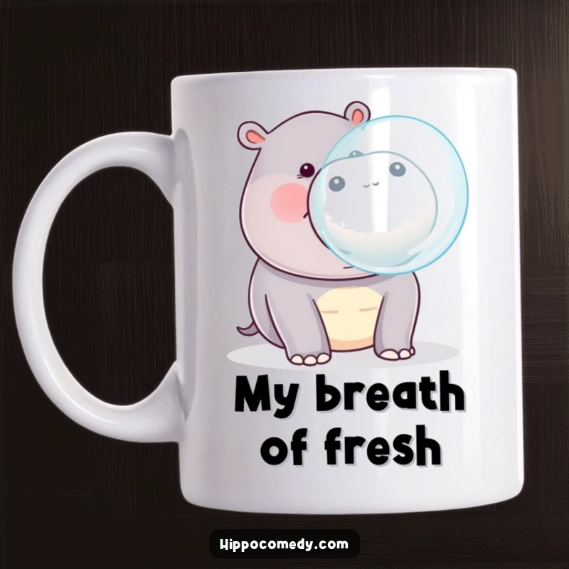 Funny kawaii hippopotamus blowing a large, shiny bubble from its mouth, looking happy on a coffee mug.
