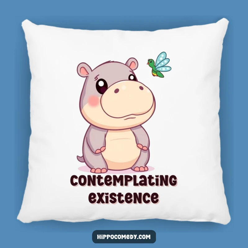 Funny Hippo Pillow: Cute Wide-Eyed Hippo Dragonfly Watching Comfort Cushion