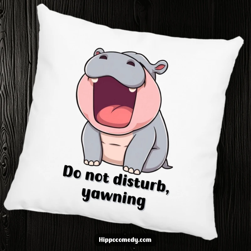 Funny pillow showcasing a sleepy hippopotamus in a massive yawn, adding comfort and humor to any living space.