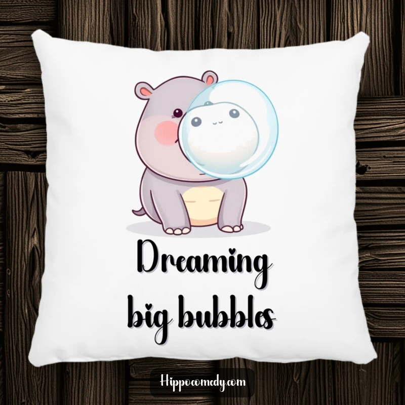 Funny kawaii hippopotamus blowing a large bubble from its mouth, on a soft and decorative pillow.