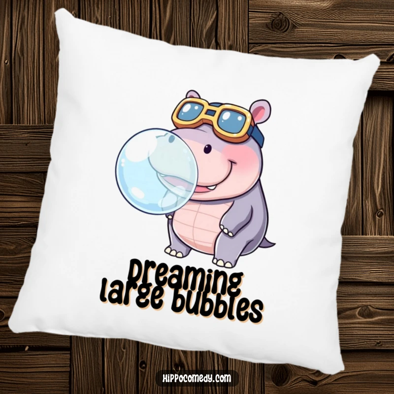 Funny pillow showing a kawaii hippopotamus in oversized goggles, blowing a large bubble, offering soft, whimsical humor.