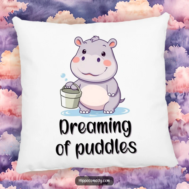 Funny kawaii hippo pillow, holding a bucket and looking prepared for a water fight, bringing cozy playful charm to any room.