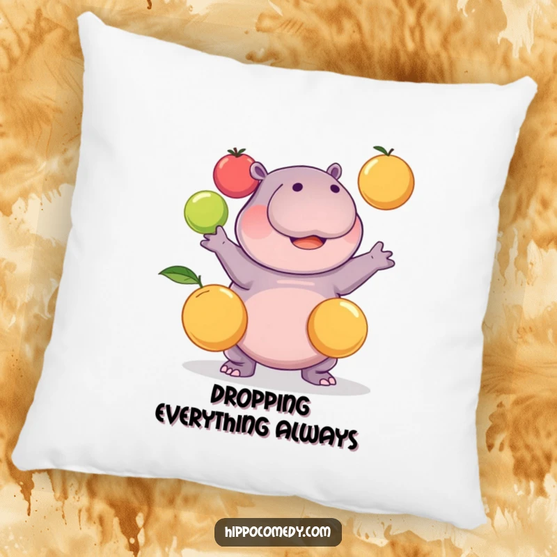 Funny kawaii hippopotamus comically juggling three round fruits on a plush pillow, offering comfort and humor, a great funny gift.