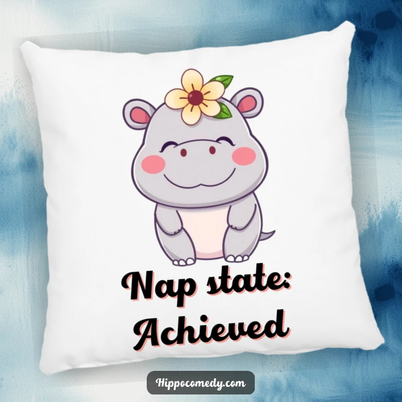Funny Kawaii Hippo Pillow with a cute, content hippopotamus peacefully adorned with a flower, offering comfort and cheer.