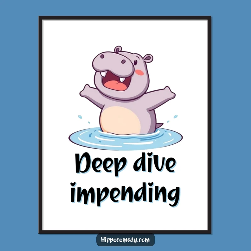 Funny Hippo Digital Art: Excited Splash, Joyful Wall Decor Print