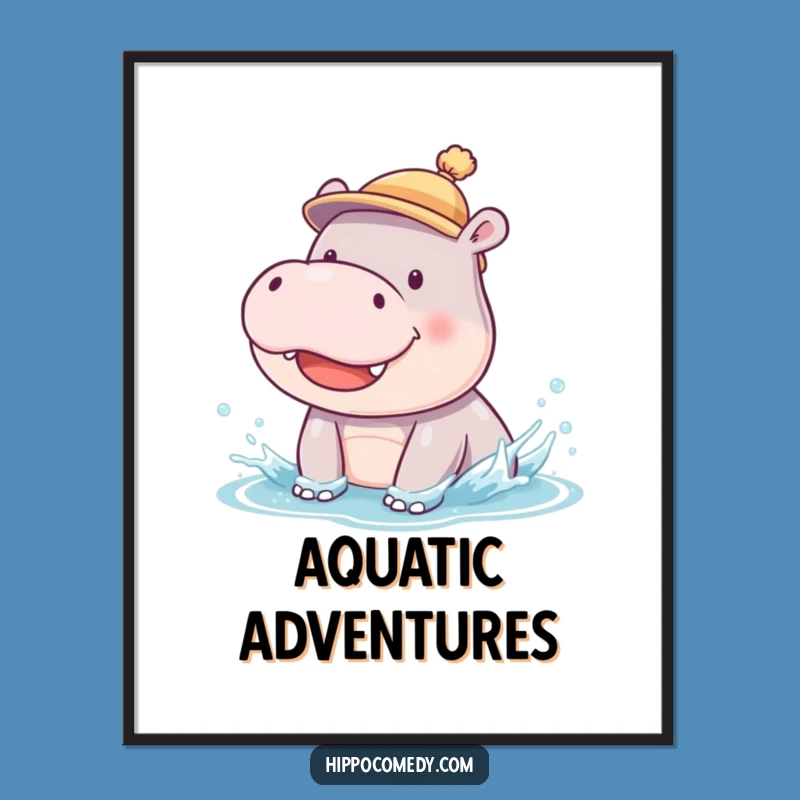 Funny Hippo Cub Digital Art: Silly Splashing Hippo in Hat Print