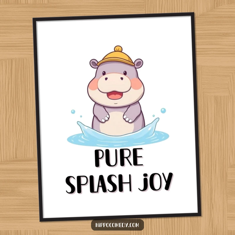Funny digital art print of a kawaii hippopotamus wearing a tiny hat, joyfully splashing water with a happy expression.