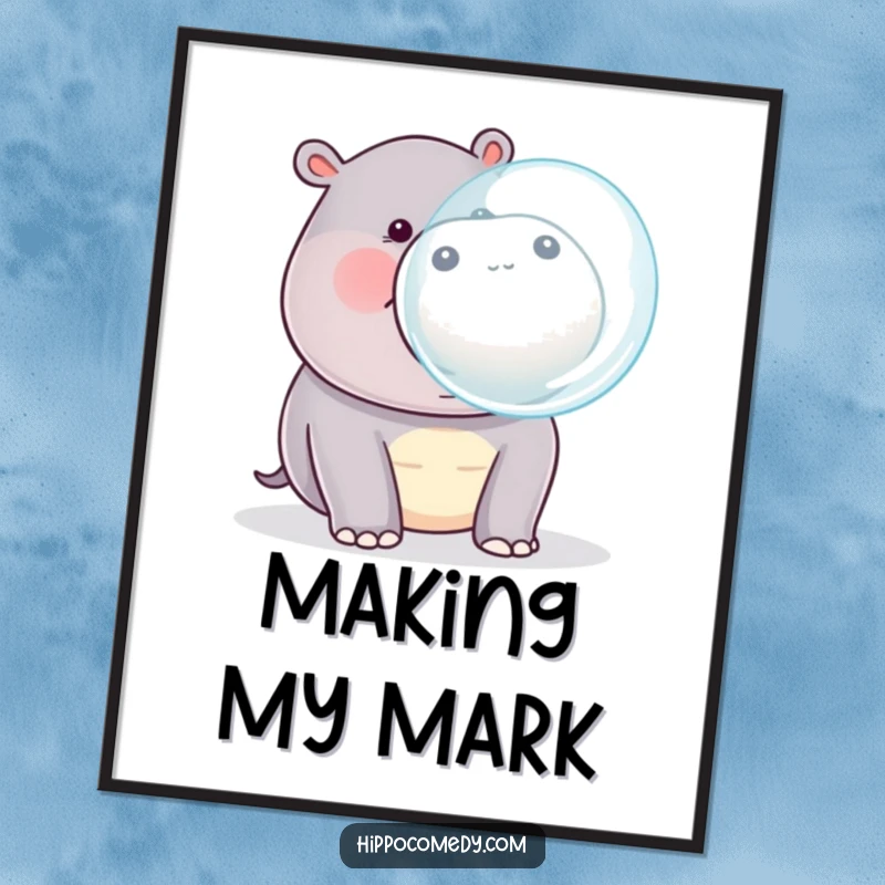 Funny kawaii hippopotamus blowing a large bubble from its mouth, as a downloadable digital art print.