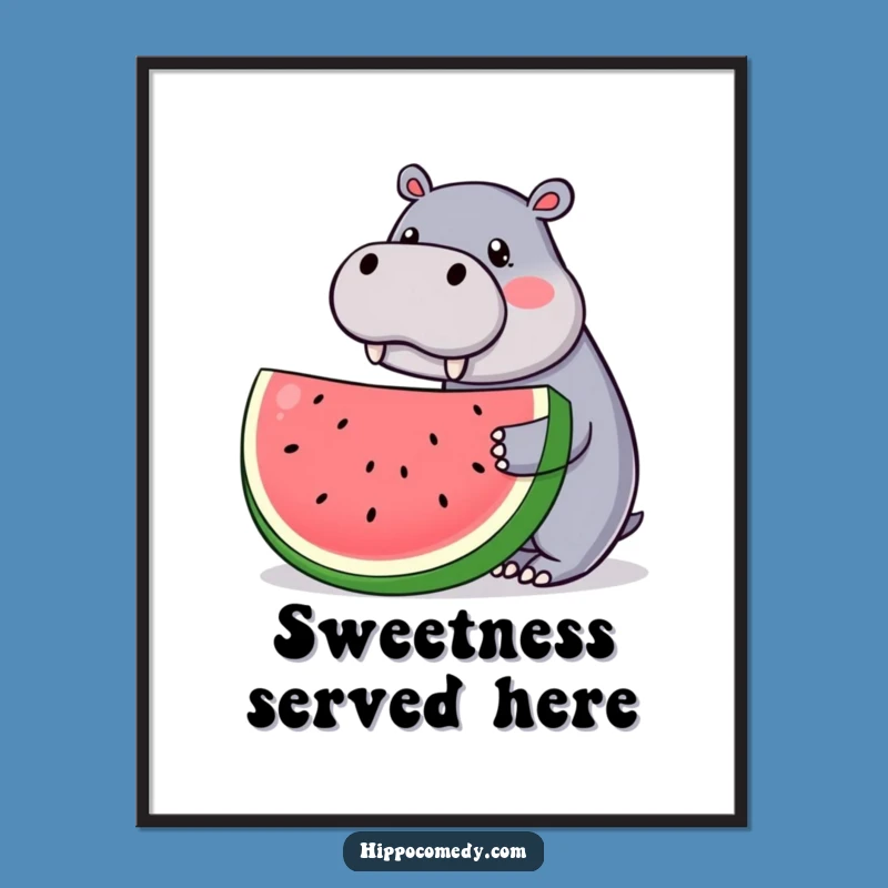 Funny Kawaii Hippo Digital Art: Watermelon Slice, Cute Humorous Decor