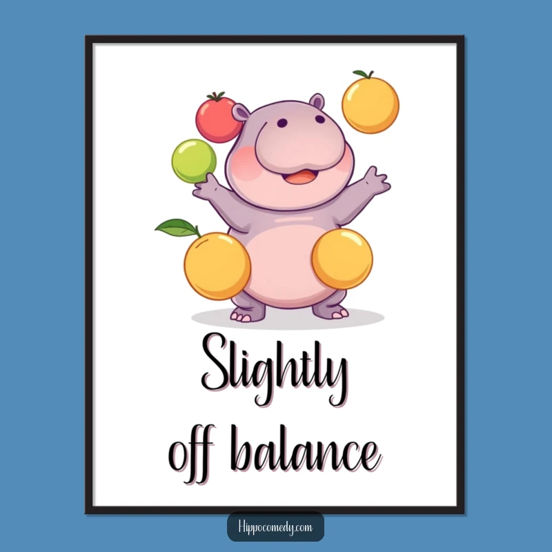 Funny Kawaii Hippo Juggling Fruits Digital Art: Instant Humor for Your Walls