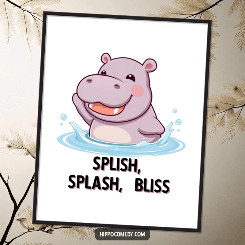 Funny kawaii hippopotamus joyfully splashing in cool water with a happy grin, as a downloadable digital art print.