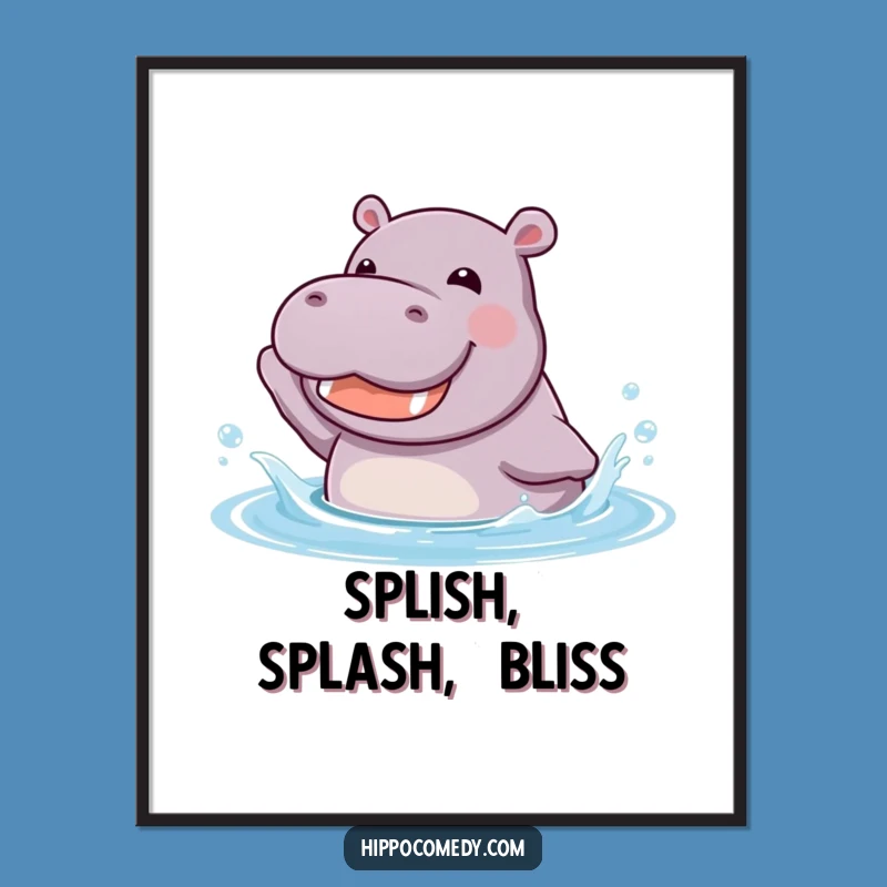Funny Kawaii Hippo Splashing Digital Art - Joyful Animal Water Printable Gift