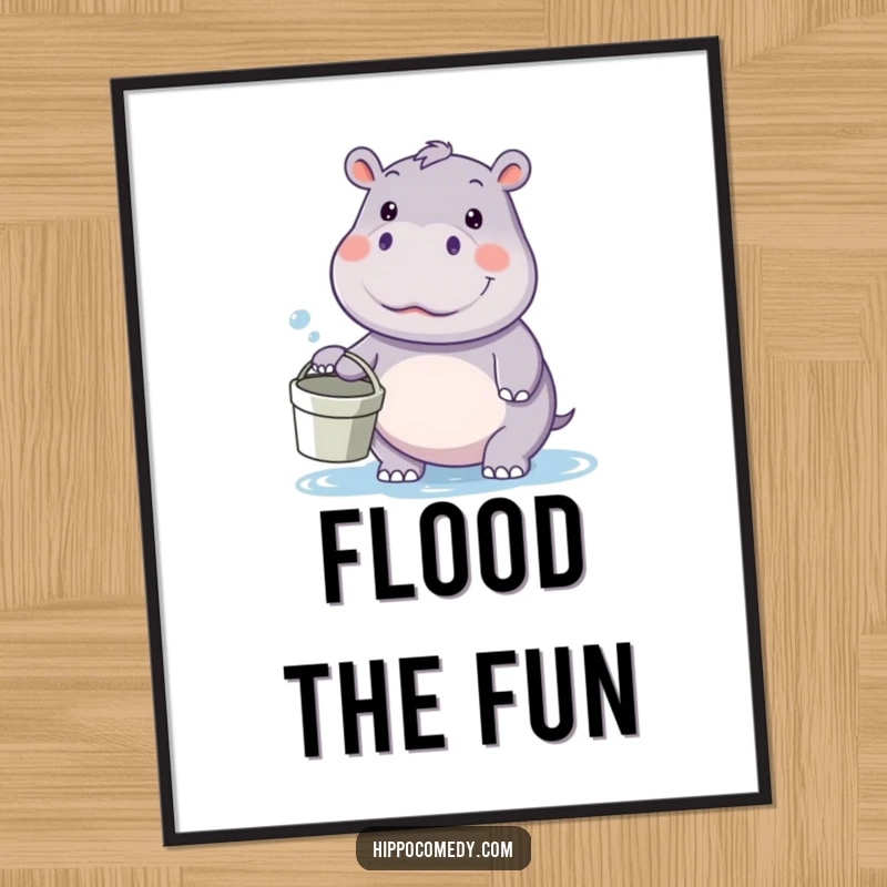 Funny kawaii hippo digital art print, holding a bucket and looking ready for a water fight, perfect for instant playful decor.