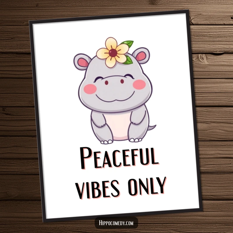 Funny Kawaii Hippo Digital Art Print of a contented hippopotamus with a flower, ready to add instant joy to any digital or printed display.
