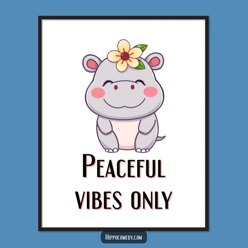 Funny Kawaii Hippo Digital Art: Downloadable Contented Flower Hippo Print for Fun
