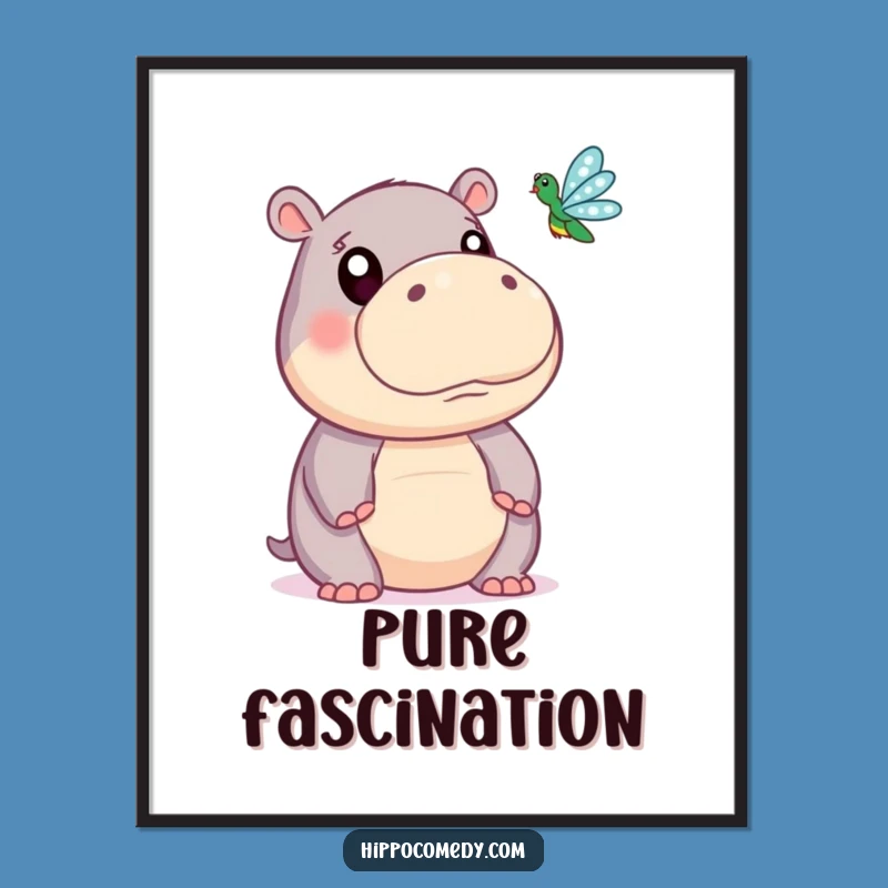 Funny Hippo Digital Art: Cute Wide-Eyed Hippo Watching Dragonfly Print