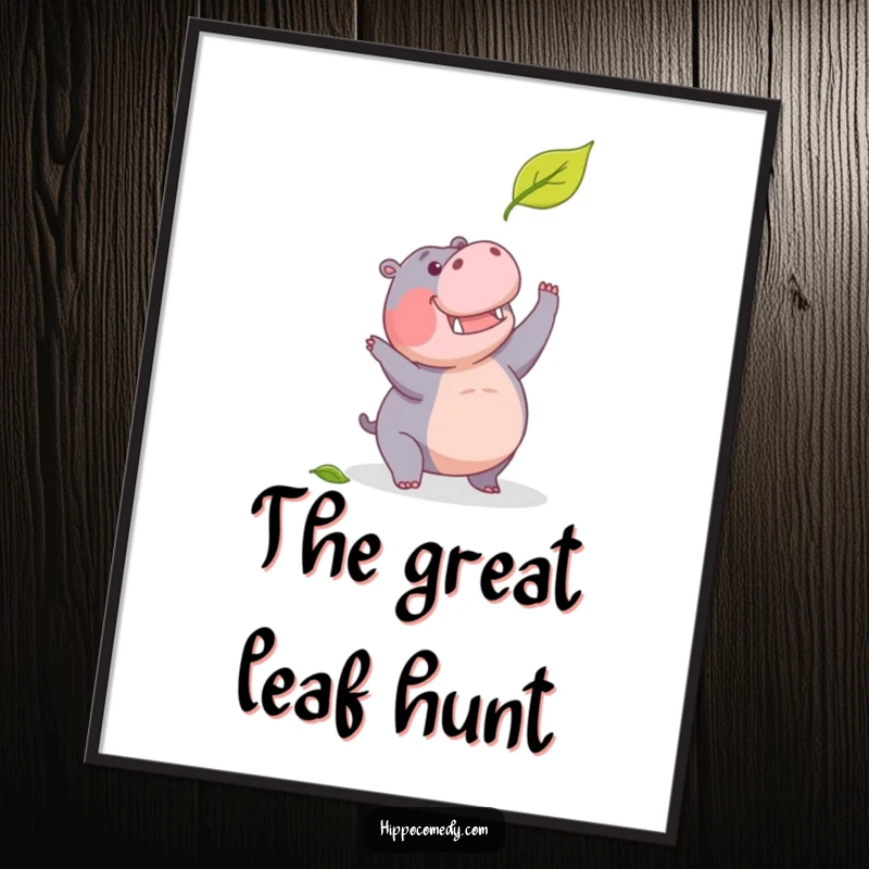 Funny digital art print of a determined hippopotamus humorously attempting to catch a falling leaf.