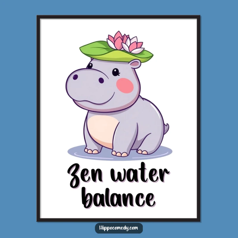 Funny Kawaii Hippo Digital Art: Printable Lily Pad Hippo Decor, Instant Download Gift