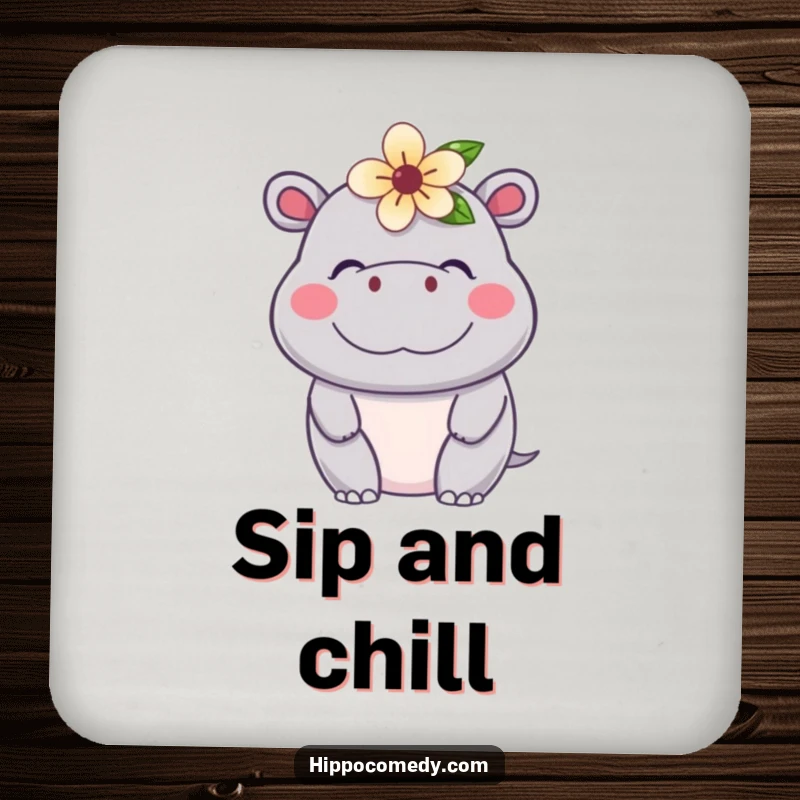 Funny Kawaii Hippo Coaster featuring a cute, content hippopotamus with a flower, protecting surfaces with cheerful charm.