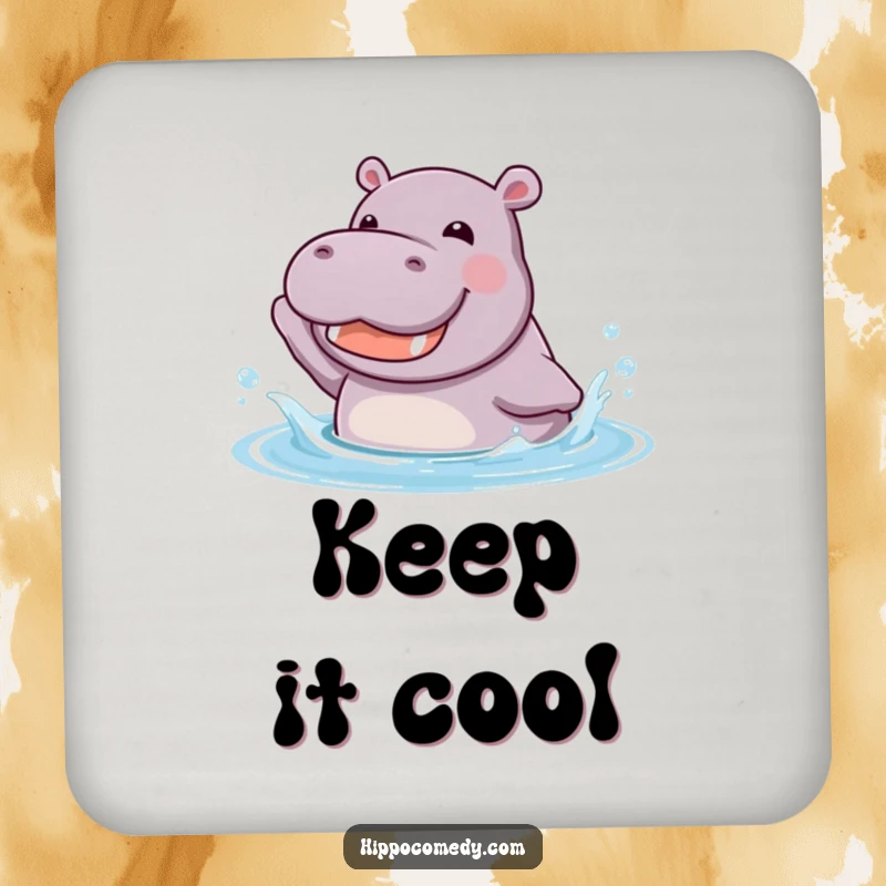 Funny kawaii hippopotamus joyfully splashing in cool water with a happy grin, on a decorative drink coaster.
