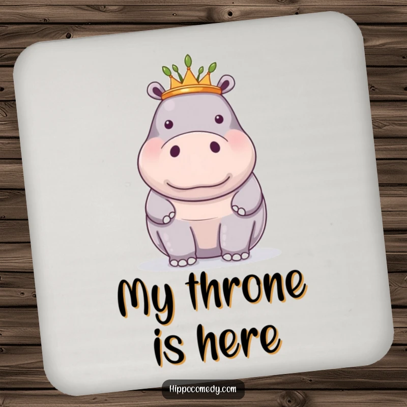 Funny drink coaster with a proud hippopotamus wearing a small crown of reeds, adding regal humor.