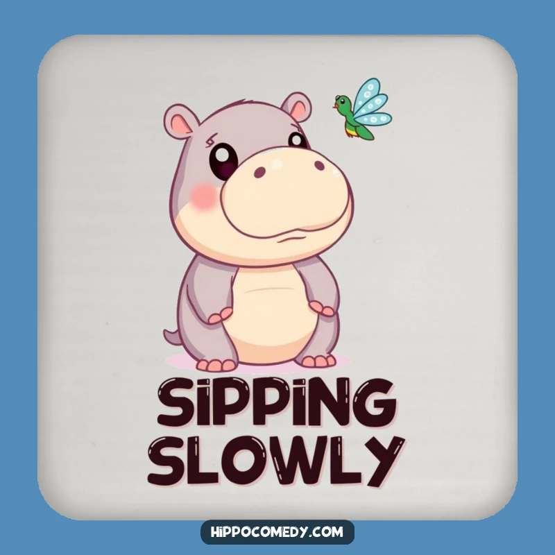 Funny Hippo Coaster: Cute Wide-Eyed Hippo Dragonfly Watching Table Saver