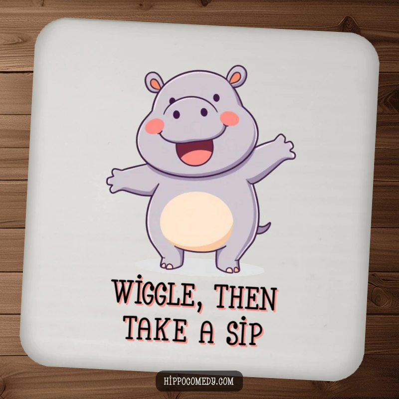 Funny coasters with a happy hippopotamus doing a silly wiggle dance, adding cheer to tabletops.