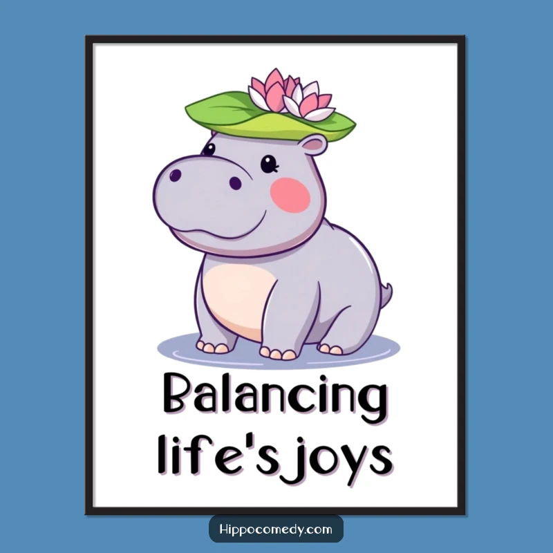 Funny Kawaii Hippo Poster: Adorable Lily Pad Hippo Art Print, Cute Wall Decor Gift