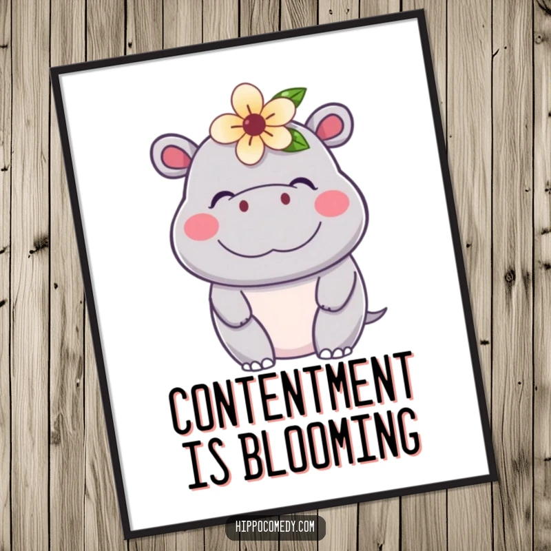 Funny Kawaii Hippo Poster showing a serene hippopotamus wearing a flower, radiating contentment, perfect for uplifting wall decor.