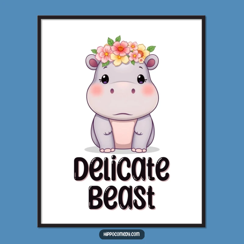 Funny Hippo Flower Crown Poster: Delicate Wall Art for a Humorous Touch
