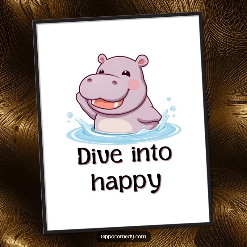 Funny kawaii hippopotamus joyfully splashing in cool water with a happy grin, presented as a delightful art print.