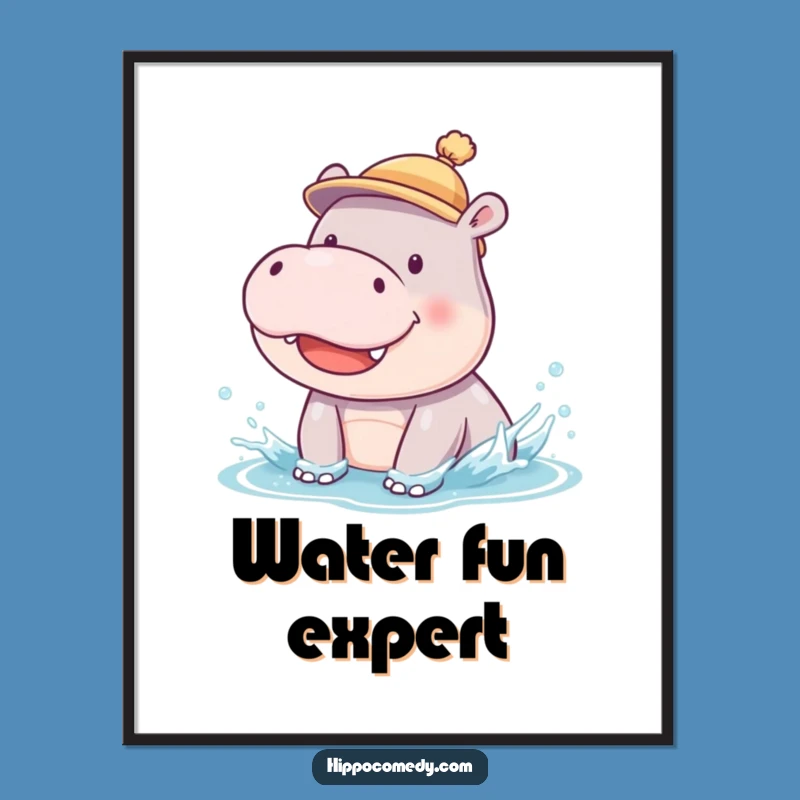Funny Hippo Cub Poster: Silly Splashing Baby Hippo in Hat Art